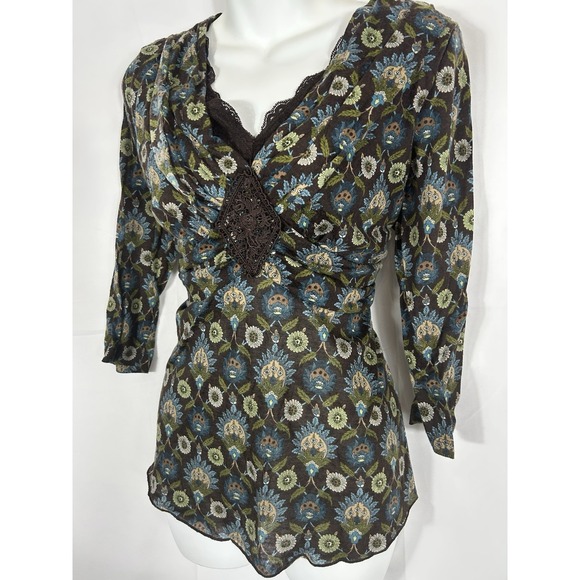 VTG Cato Y2K Lace Trim Babydoll Top Size L Brown Boho Forest Fairy Grunge Witchy - Picture 5 of 13